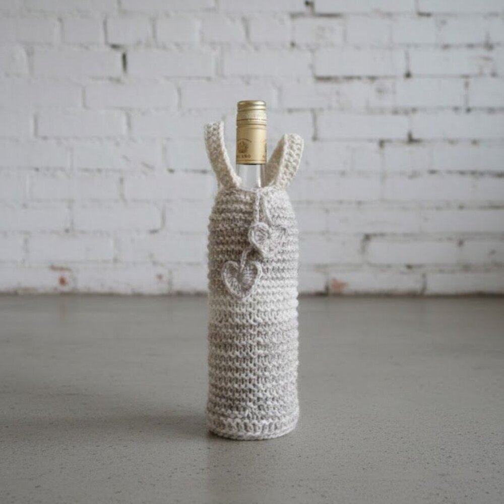 Hand-knit Bottle Cozy With Hearts Drawstring